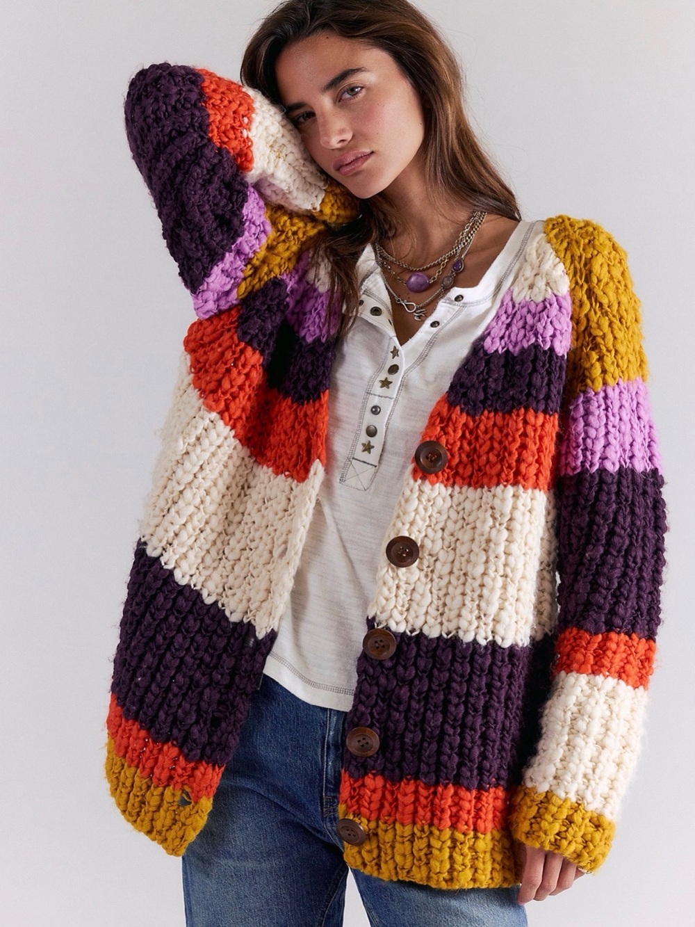 Free People Myles Stripe Cardi XS NWT $198 Chunky Wool Oversized Cardigan
